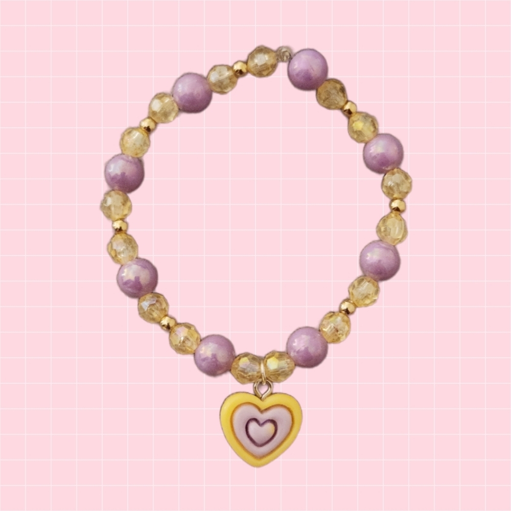 Purple and Yellow Heart Charm Beaded Bracelet